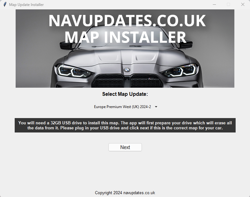 sat nav update application window